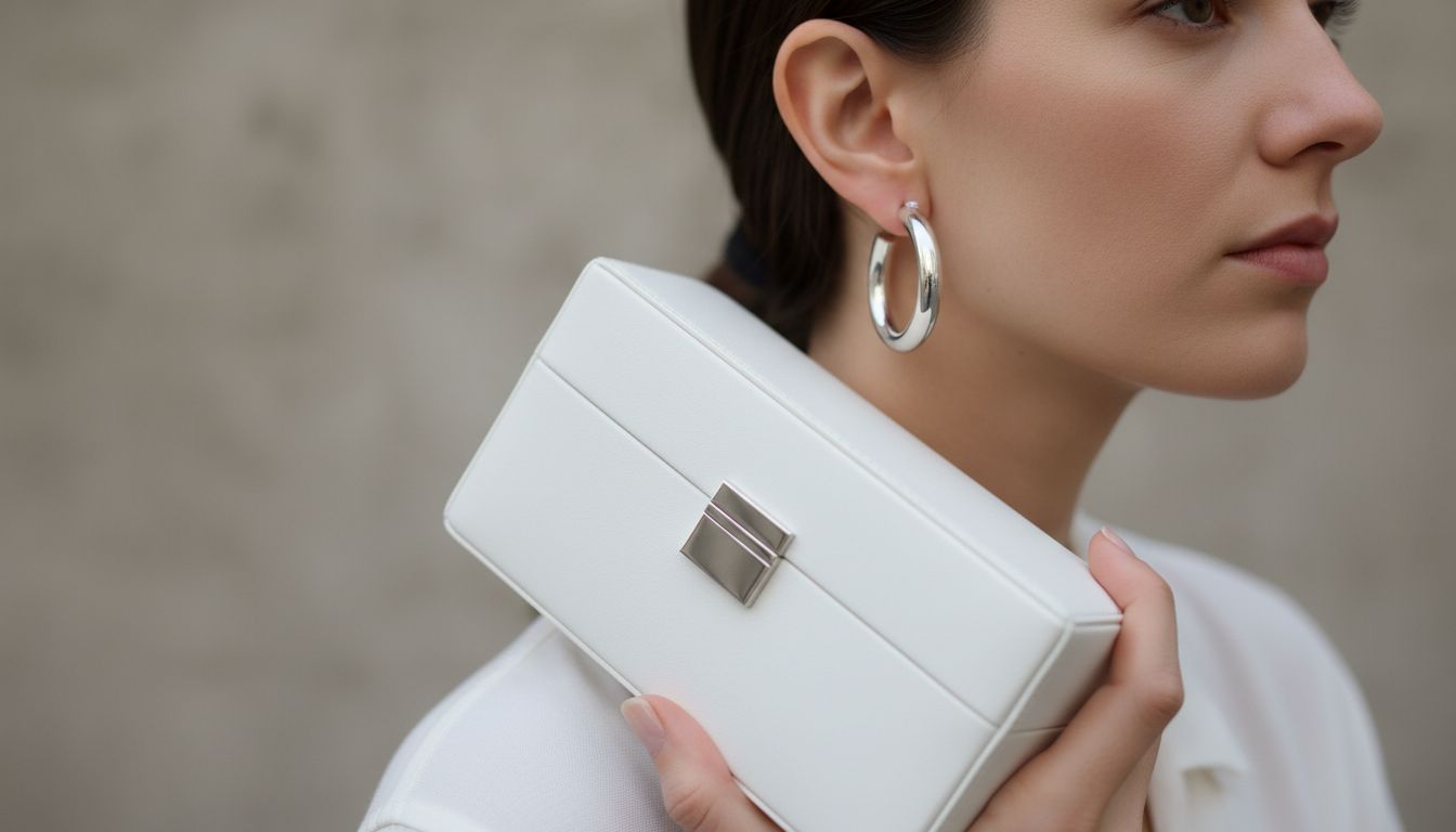 Крупные серьги-кольца из полированного серебра и минималистичная сумка-кофр.
