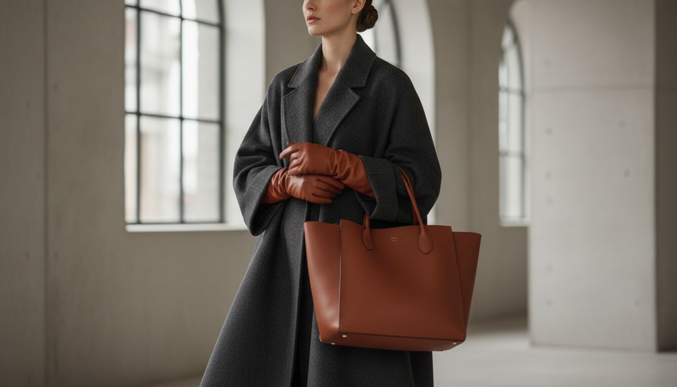 Стилизованный образ: женщина в оверсайз-пальто цвета угольного графита, держащая в руках крупный кожаный шоппер и надевшая терракотовые перчатки до локтя.