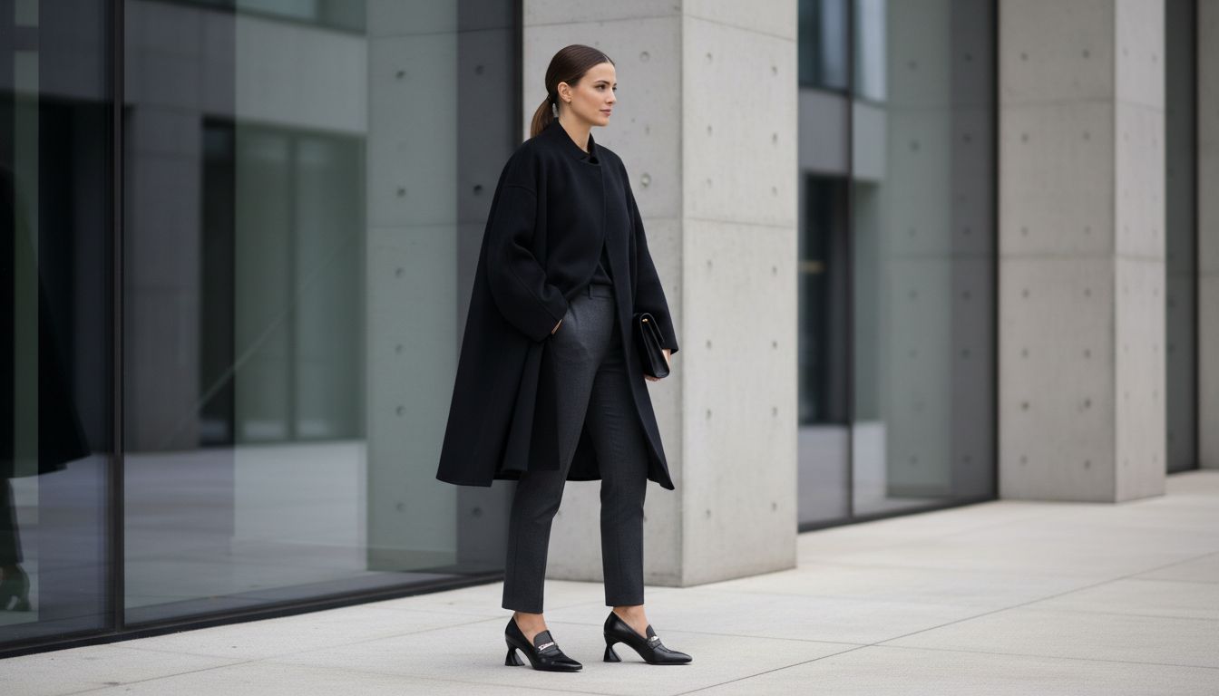 Полный образ: Женщина в черном оверсайз-пальто, узких графитовых брюках и лоферах с каблуком-консолью, стоящая на фоне современного здания с чистыми линиями.
