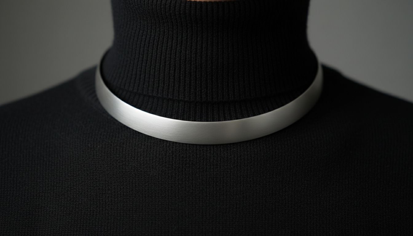 Крупный план жесткого колье-воротника из матового серебра, зафиксированного на черной кашемировой водолазке.