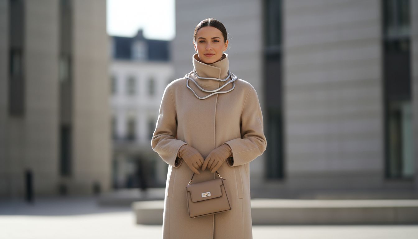 Девушка в бежевом кашемировом пальто с высоким воротником, на котором закреплен скульптурный воротник-колье из сатинированной стали.