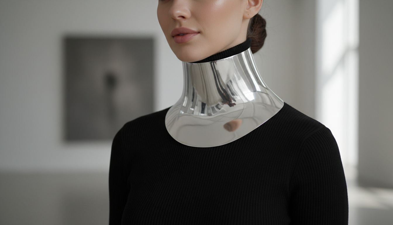 Стильный фэшн-инфлюенсер в черной высокой водолазке, на которой надет широкий, полированный серебряный шийный корсет, крупный план.