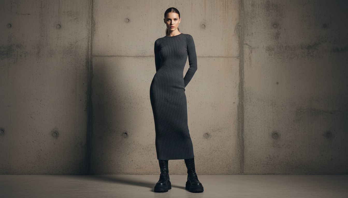 Женщина стоит на фоне бетонной стены в графитовом риб-трикотажном платье-макси и массивных ботинках, демонстрируя строгий, футуристический силуэт.