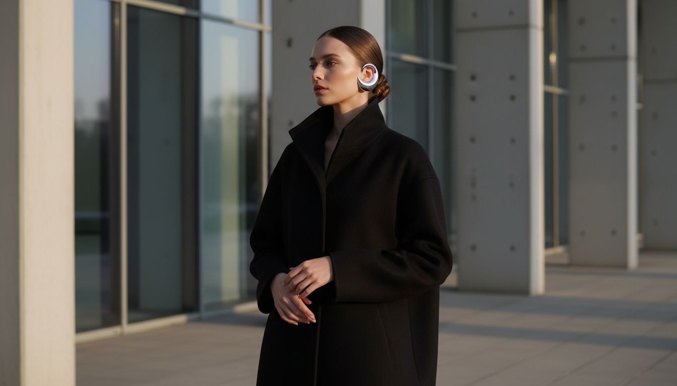 Модель в черном оверсайз-пальто с жестким воротником-стойкой, демонстрирующая, как моно-каффа гармонирует с архитектурой верхней одежды.