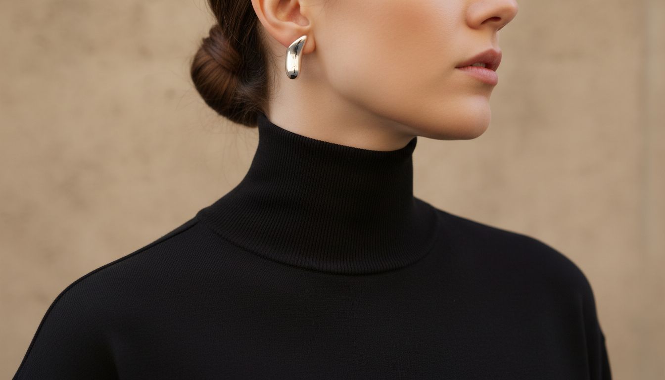 Стилизация моно-каффы с высоким воротником-стойкой из плотного черного трикотажа и гладким, низким пучком.