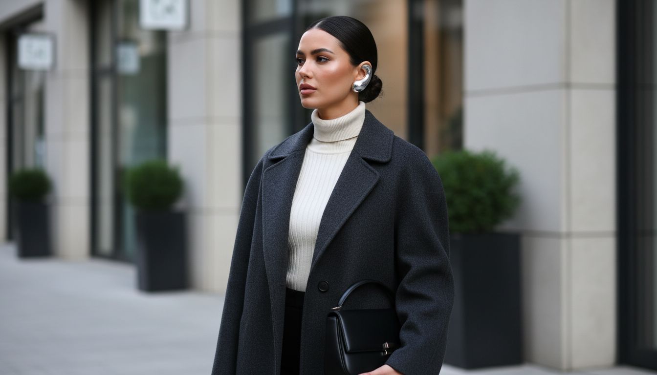 Общий план стильного образа: высокая водолазка, скульптурное пальто, гладкая прическа и крупная моно-каффа.