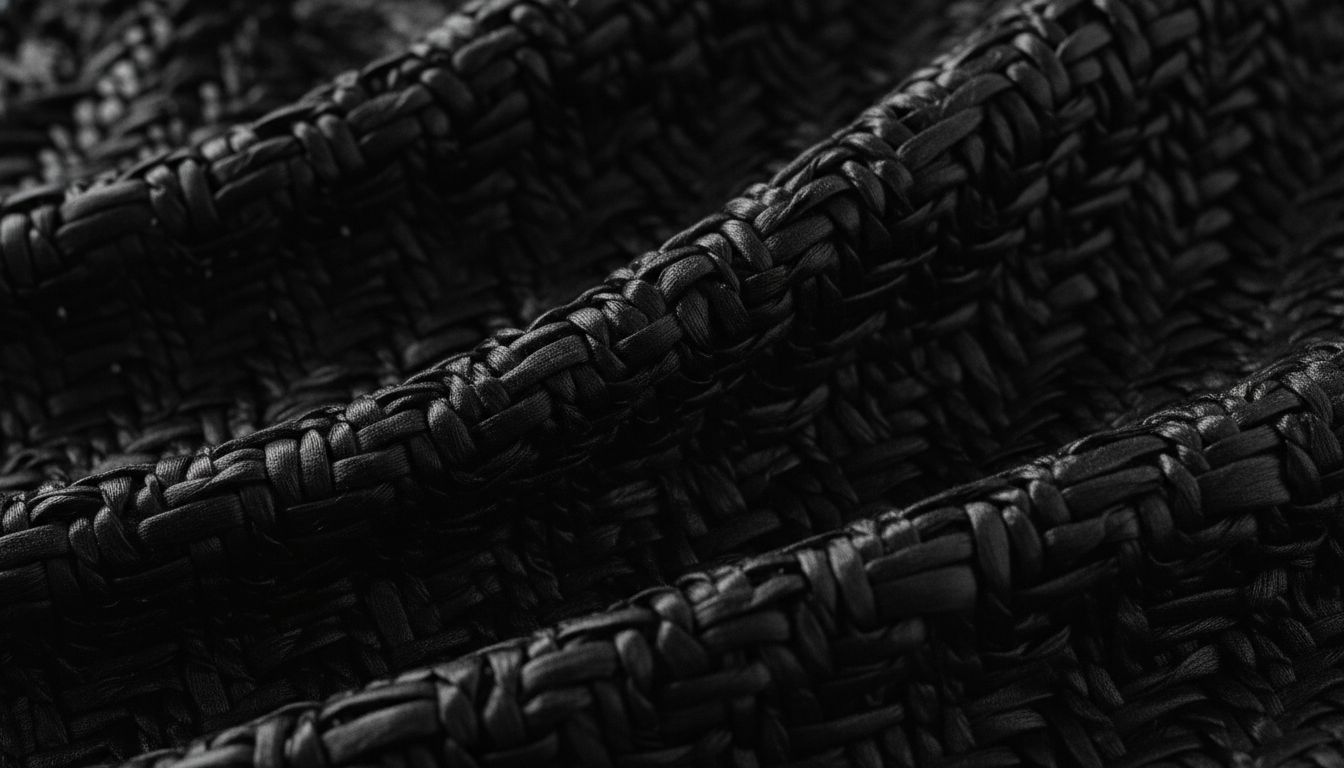 Крупный план мятой текстуры технического тафтинга в глубоком черном цвете, демонстрирующий жесткость и глянцевый блеск.