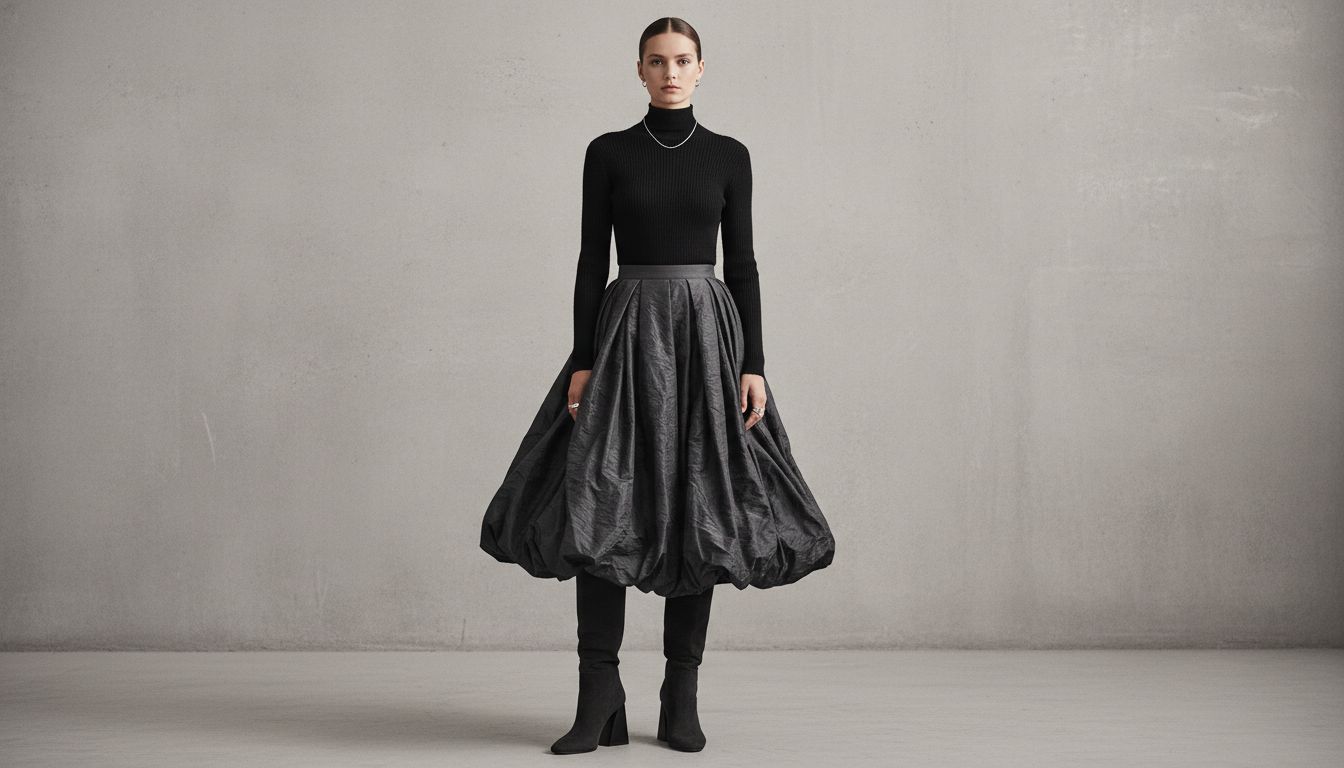 Монохромный образ с юбкой из мятого тафтинга и тонкими замшевыми сапогами на геометрическом каблуке.