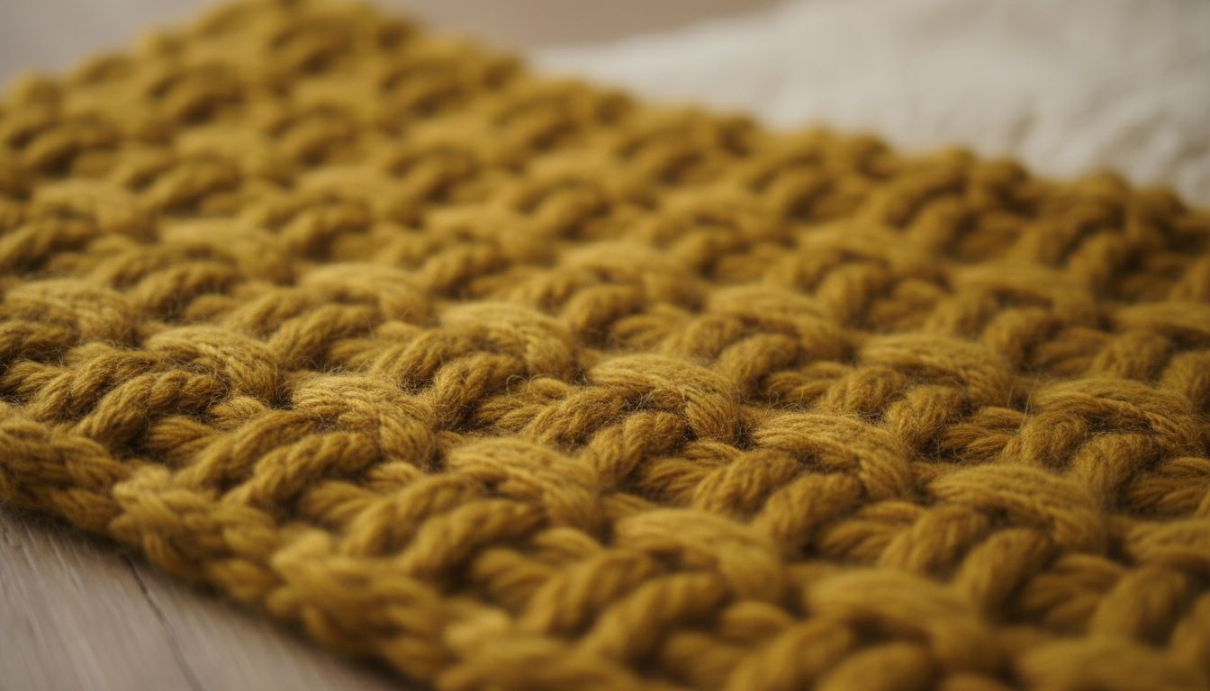 Крупный план шарфа из грубой шерсти оттенка матовой куркумы, демонстрирующий выраженное плетение и ворс.