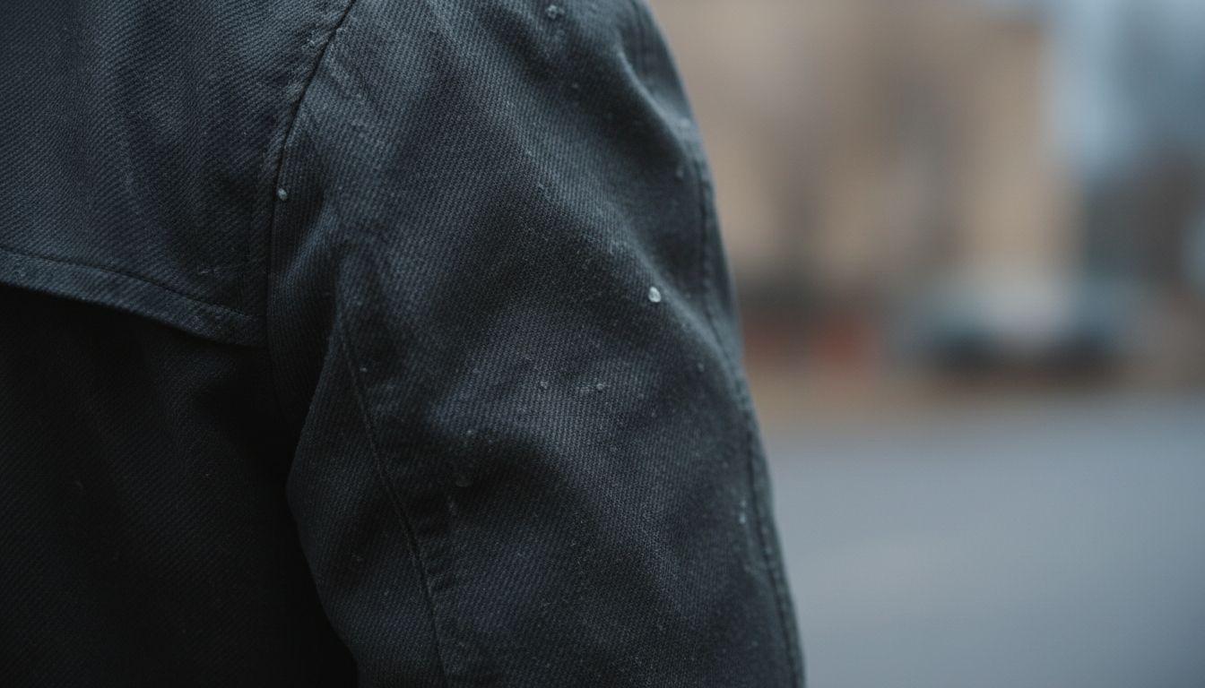 Крупный план текстуры технического вощеного твила на рукаве плаща, показывающий жесткий рубчик и матовый блеск восковой пропитки.