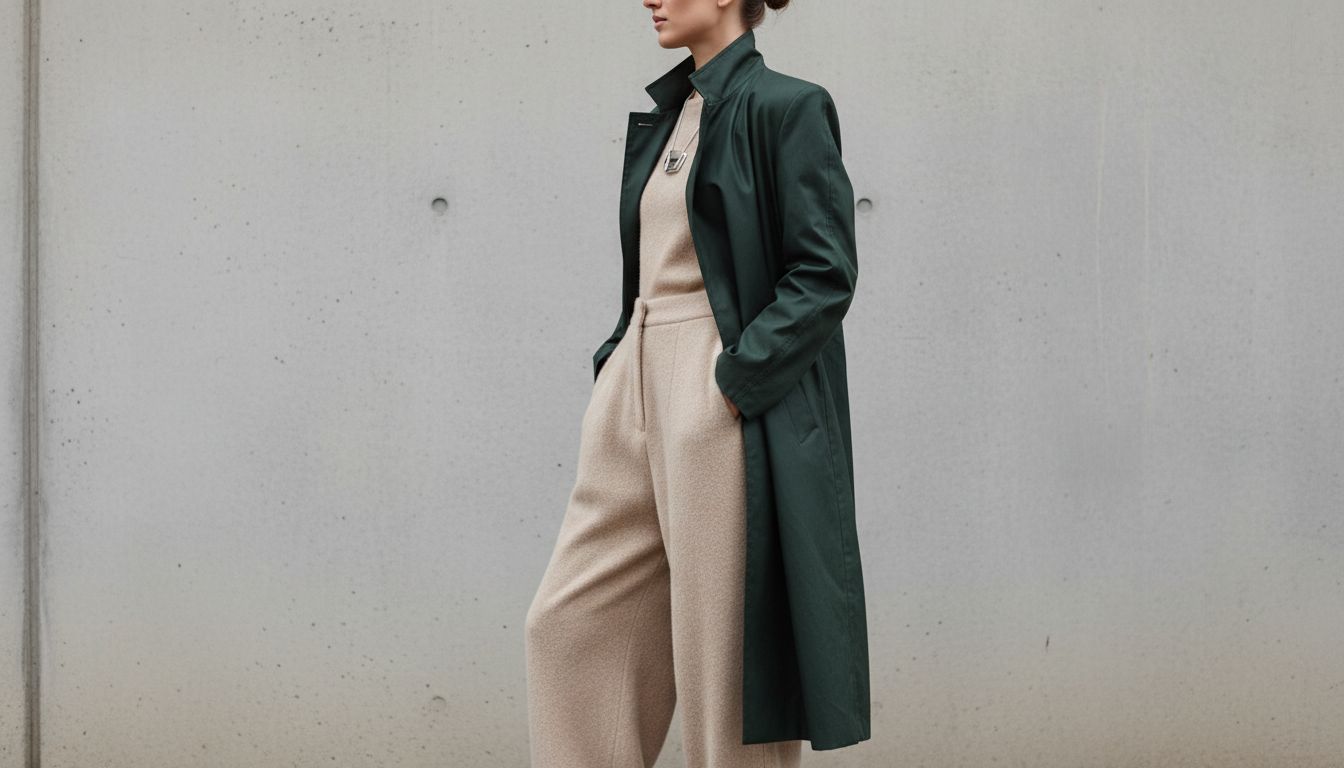 Женщина с профиля, демонстрирующая объем мохеровых брюк, которые мягко контрастируют с прямыми, жесткими линиями вощеного плаща.