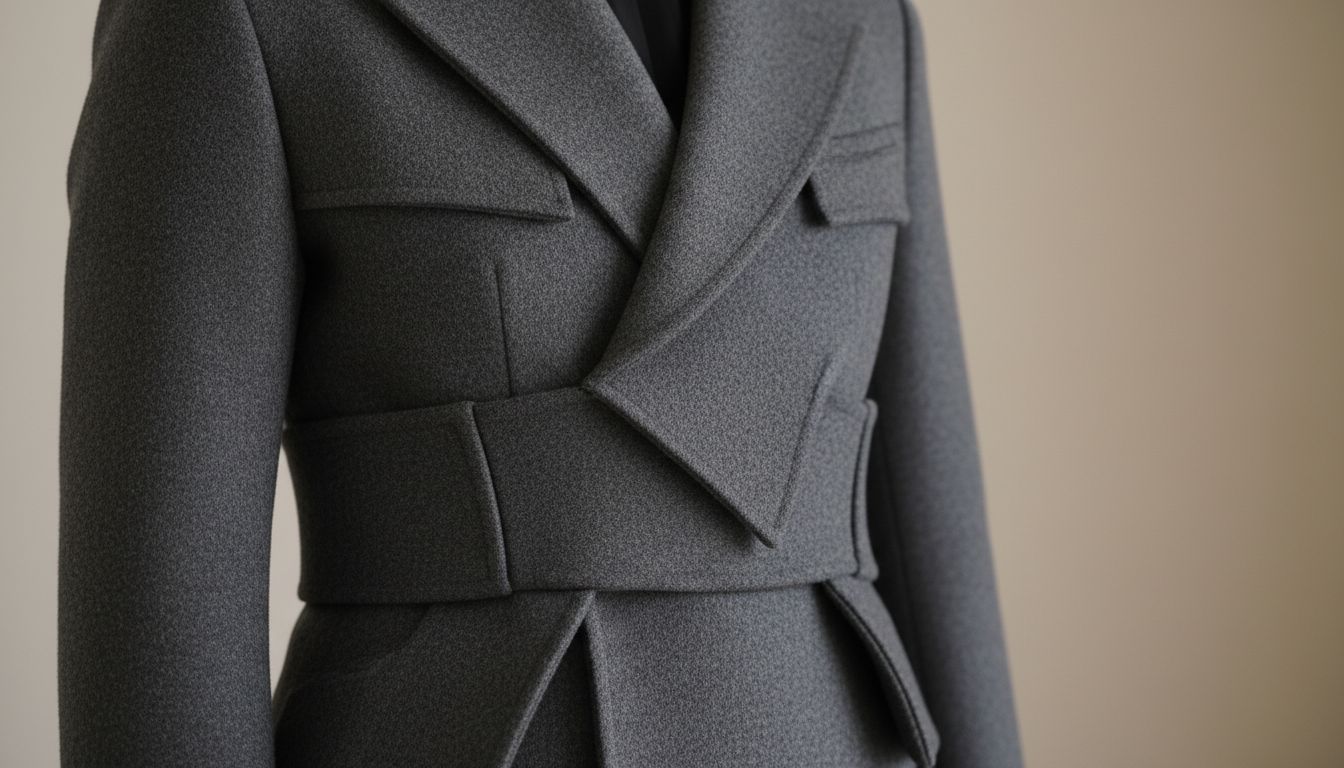 Детализация кроя пальто: крупный план на сложном, скульптурном переплетении ткани в области груди и талии.