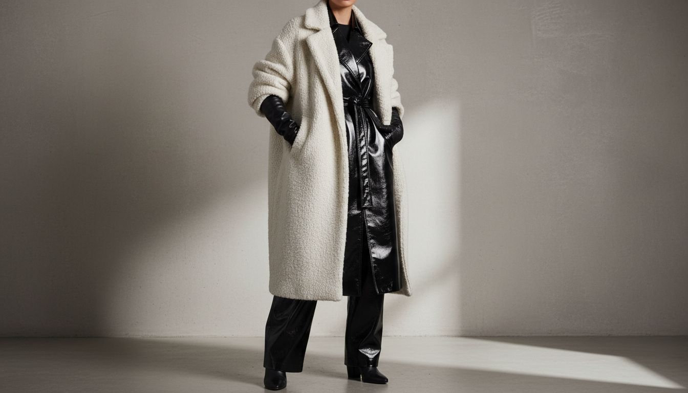 Лук с пальто, демонстрирующий контраст текстур: мягкая шерсть и жесткий лакированный винил.