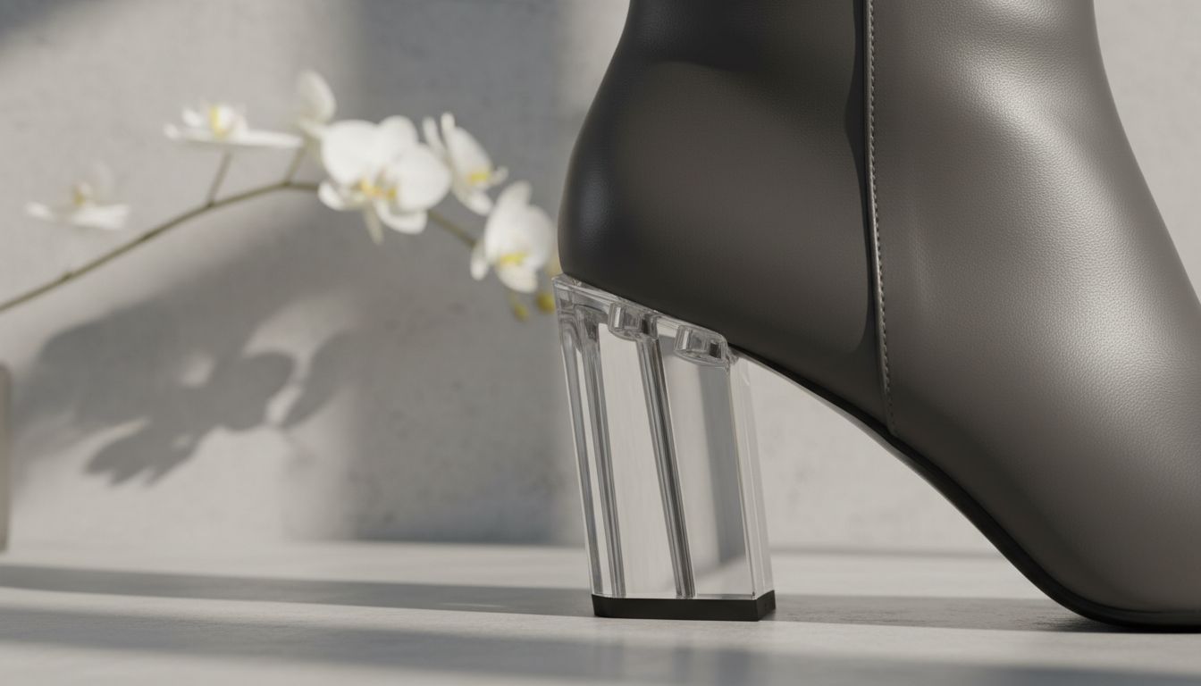 Крупный план прозрачного геометрического каблука-блока на ботильоне, демонстрирующий его кристальную чистоту и устойчивую форму.