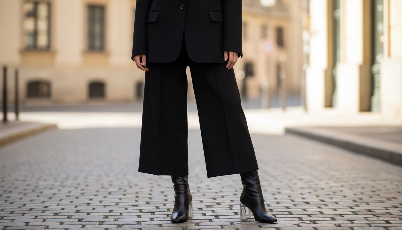 Модель в черных шерстяных кюлотах, оверсайз блейзере и минималистичных ботильонах с прозрачным каблуком. Фокус на линии перехода от брюк к обуви.