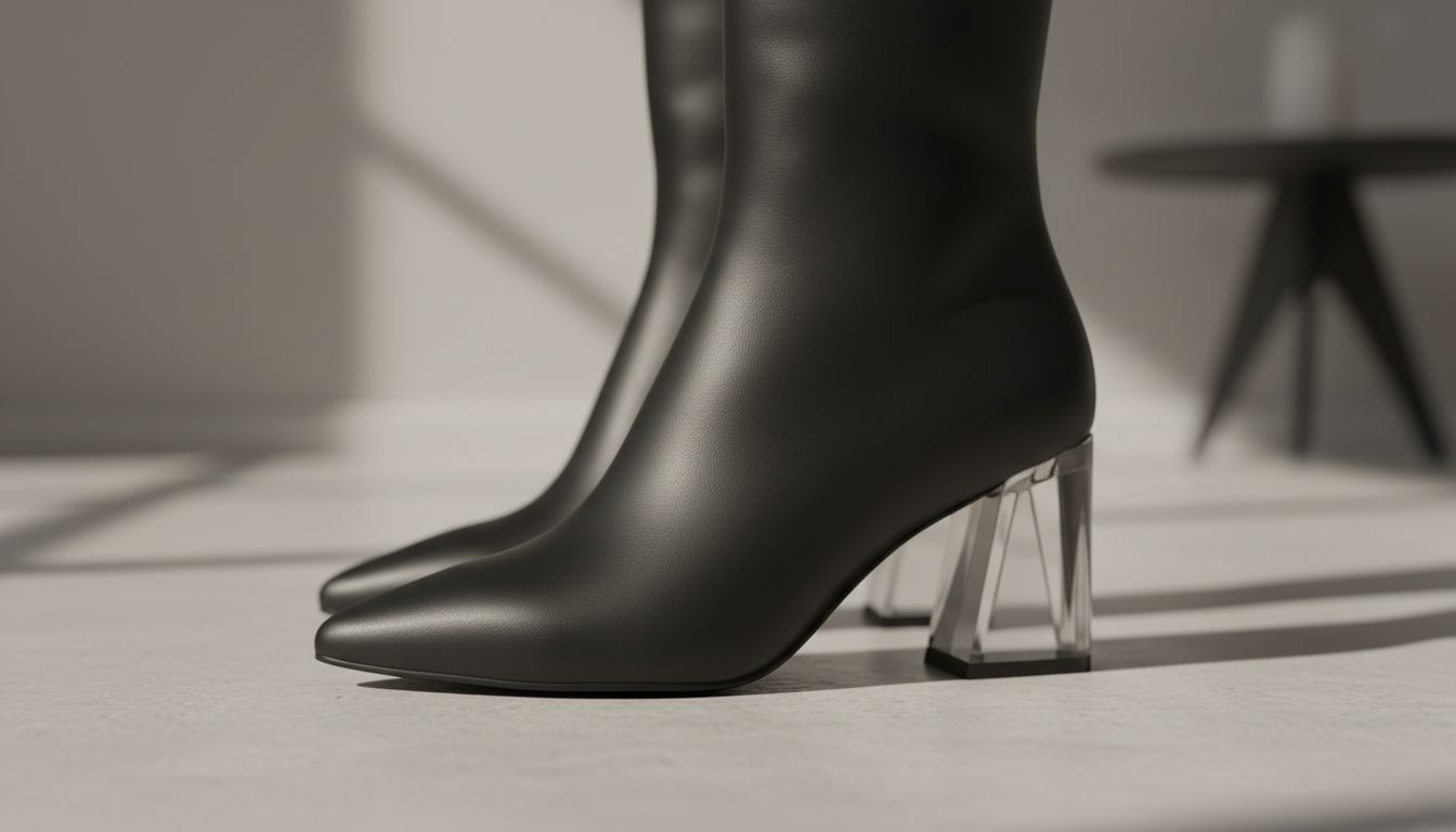 Деталь - острый мыс ботильона из матовой кожи и прозрачный трапециевидный каблук-блок, стоящий на светлом полу.
