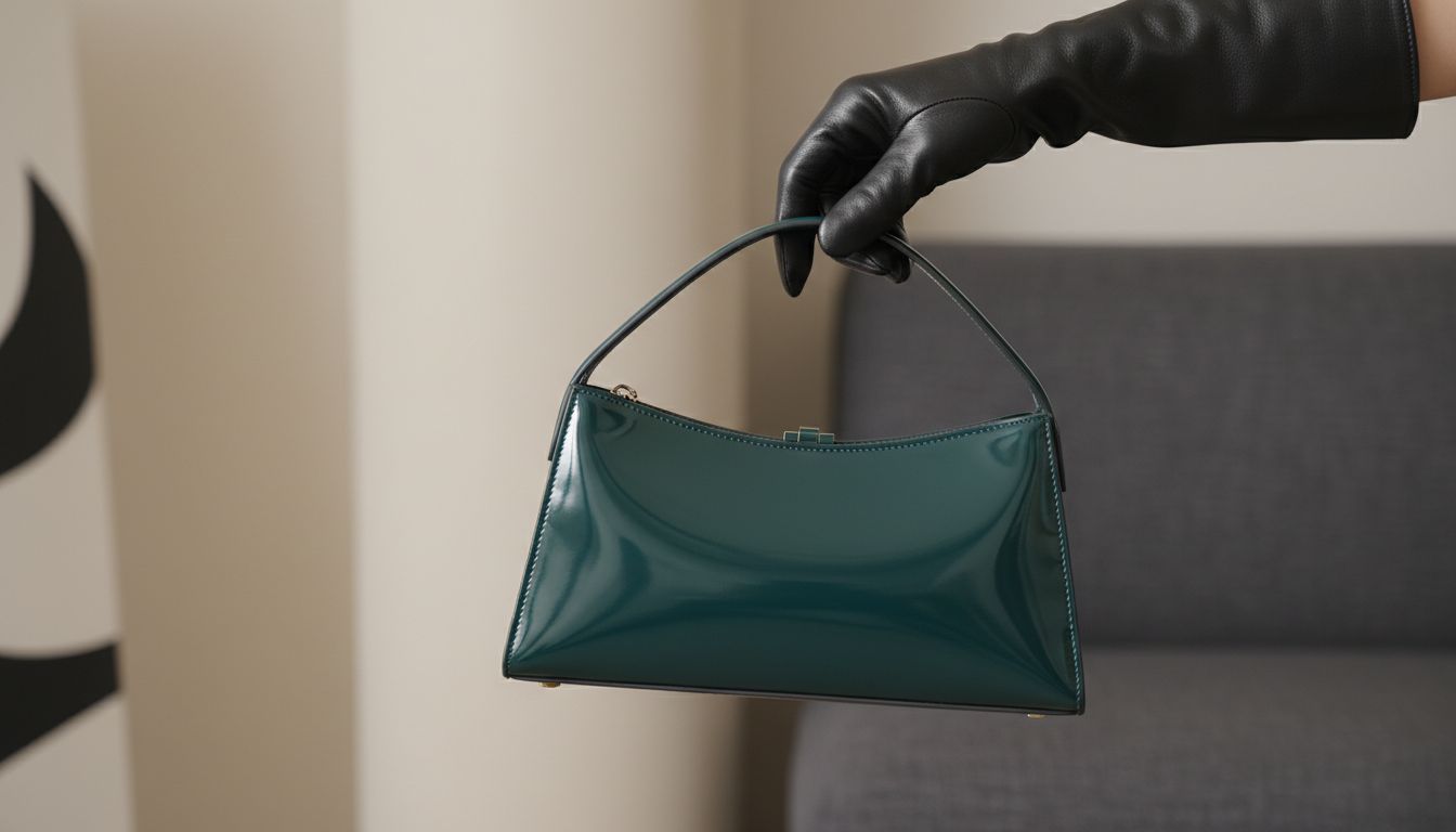 Деталь: Рука в длинной угольно-черной перчатке держит жесткую лаковую сумку-багет цвета морского тила.