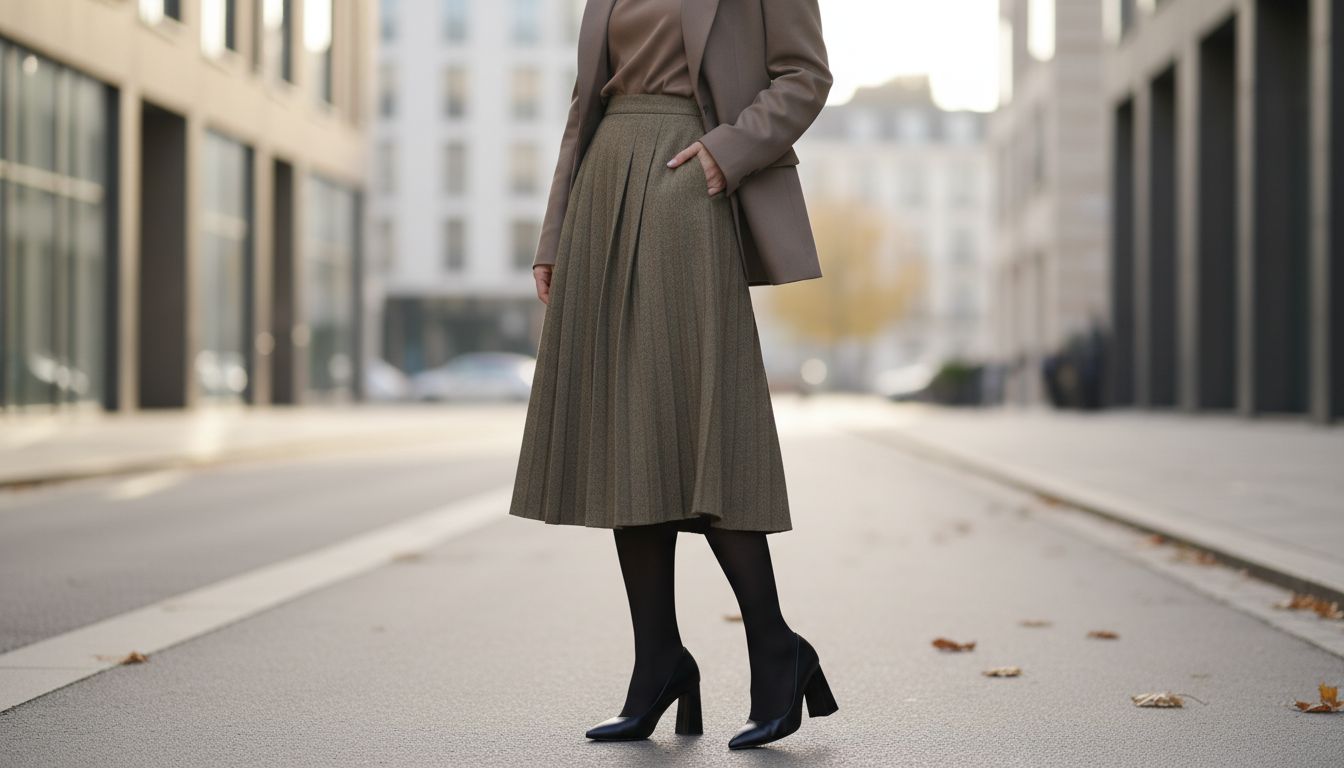 Модель в юбке-миди из прессованной шерсти цвета хаки, черных плотных колготках и туфлях с каблуком-пирамидой. Образ дополнен структурным блейзером.