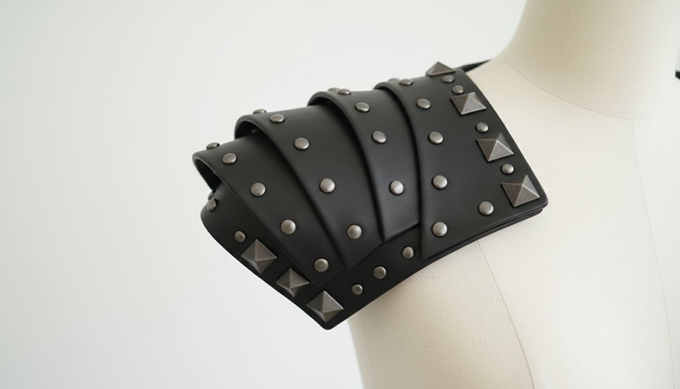 Крупный план жесткой скульптурной эполеты из черной кожи с матовыми металлическими заклепками, закрепленной на плече манекена.