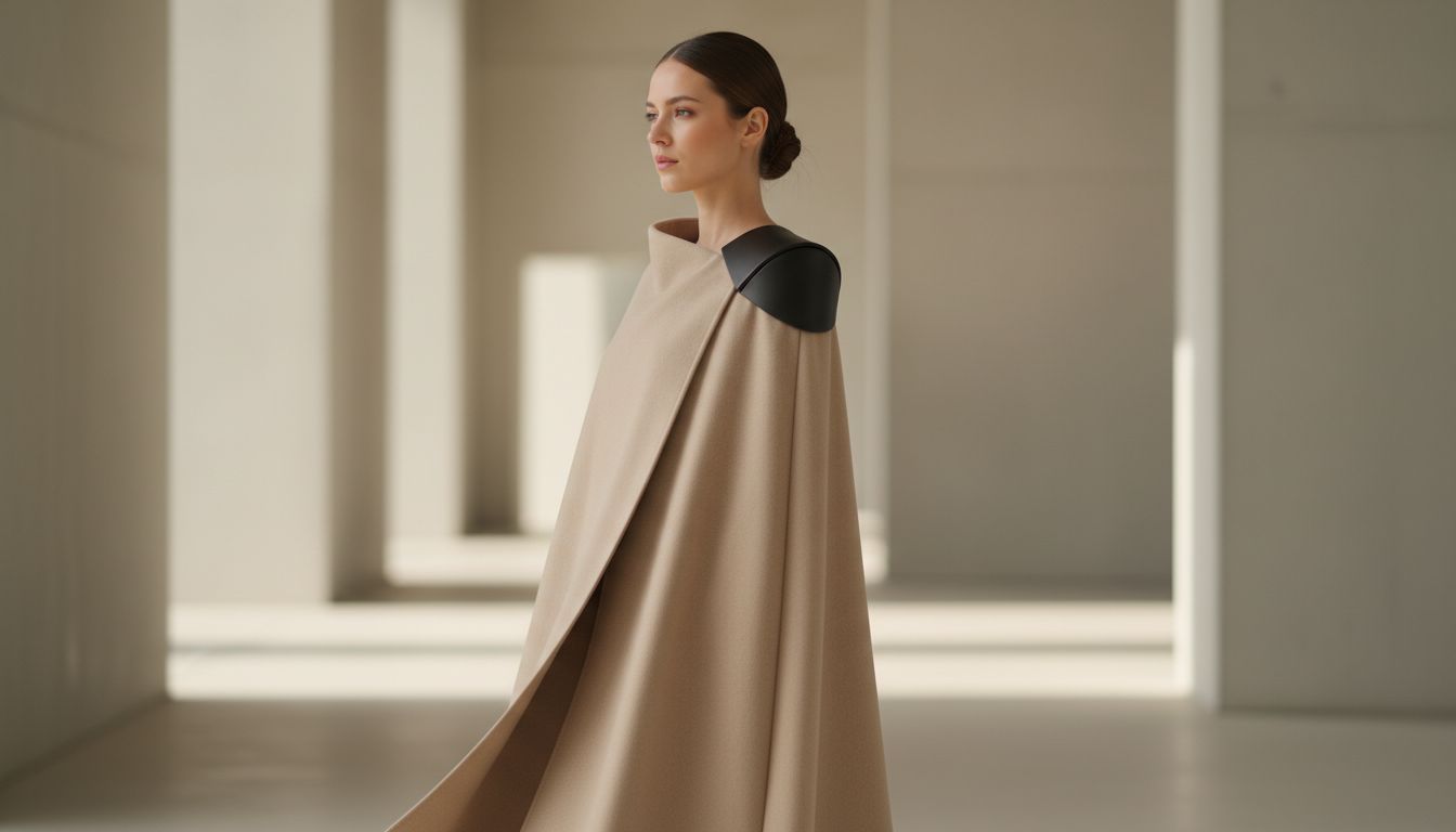 Девушка в бежевом шерстяном кейпе, через который проступает жесткий угол черной эполеты на плече.