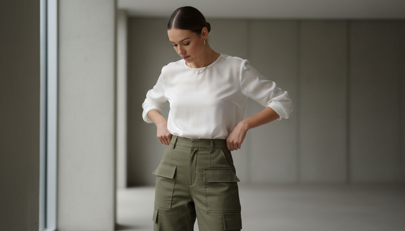 Модель, заправляющая полупрозрачную рубашку из технического шелка в плотные карго из ТРРФ, демонстрируя четкую линию талии.