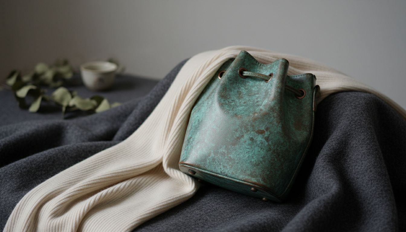 Детальное сочетание сумки-ведра Вердигри с текстурой темно-серой шерсти и кремового кашемира.