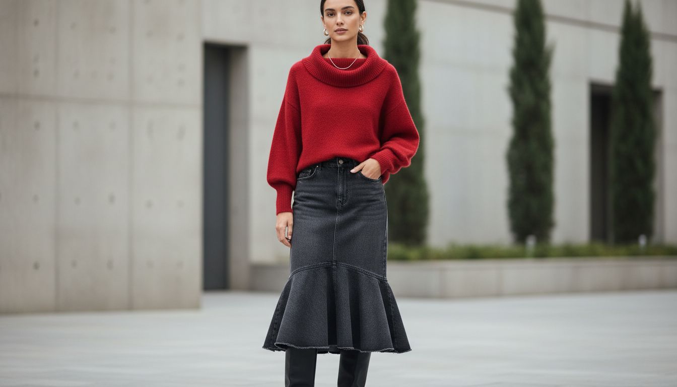 Стилизованный образ: девушка в темно-серой денимовой юбке миди с рантом и ярко-красном, очень объемном, но коротком кашемировом свитере. На ногах- высокие сапоги-трубы.