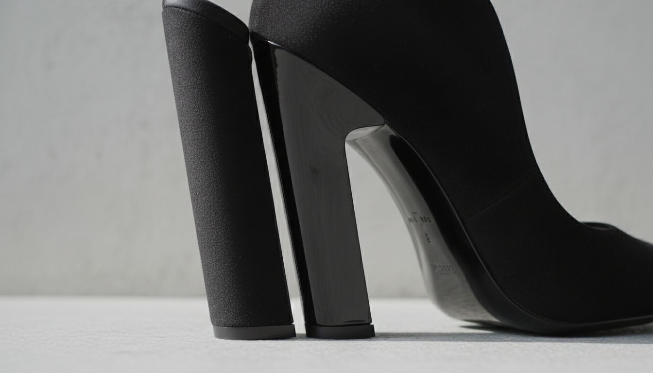 Крупный план каблука-сплит, демонстрирующий графичный вырез и контраст матовой и глянцевой текстуры внутри разреза.