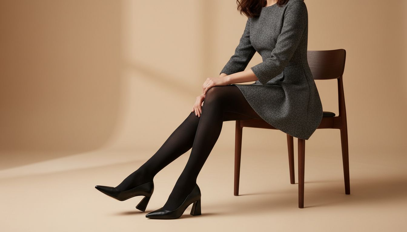 Стилизованный образ: женщина сидит, демонстрируя острый мыс лодочек и Каблук-Сплит в сочетании с плотными черными колготками и шерстяным мини-платьем.
