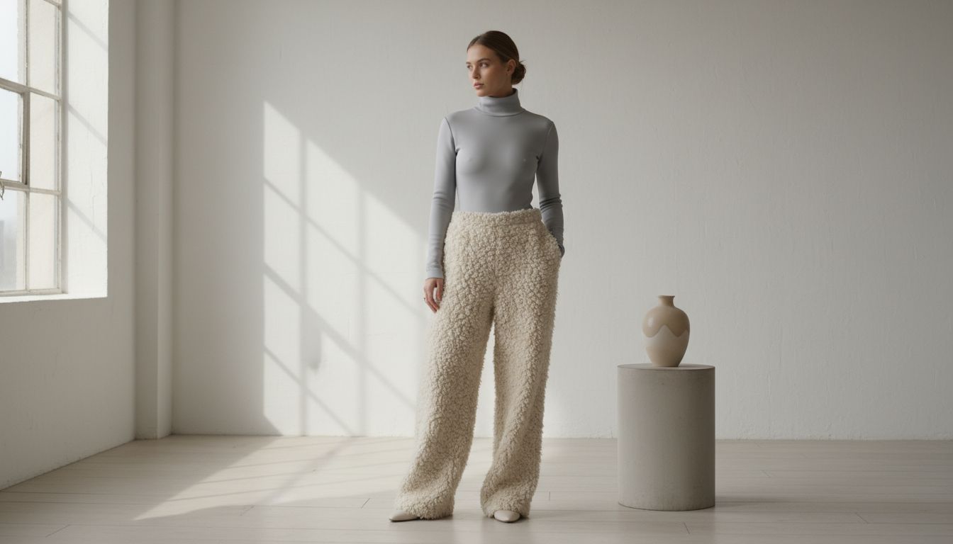Стилизованный образ: Водолазка из светло-серого неопрена, заправленная в широкие брюки из нестриженой овечьей шерсти цвета экрю. Контраст между гладкостью и пушистостью.
