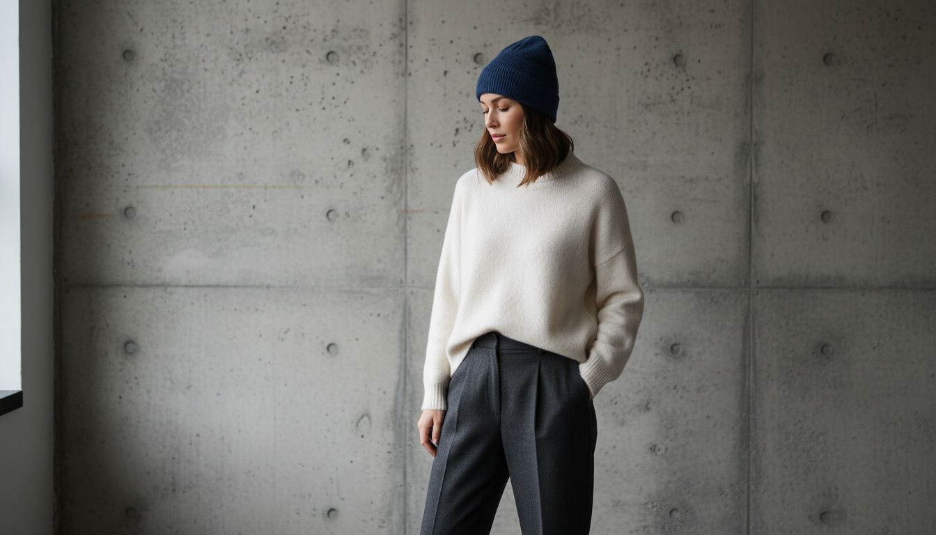 Женщина в кашемировой бини петрольного синего цвета, стоящая на фоне бетонной стены, подчеркивая урбанистическую эстетику.
