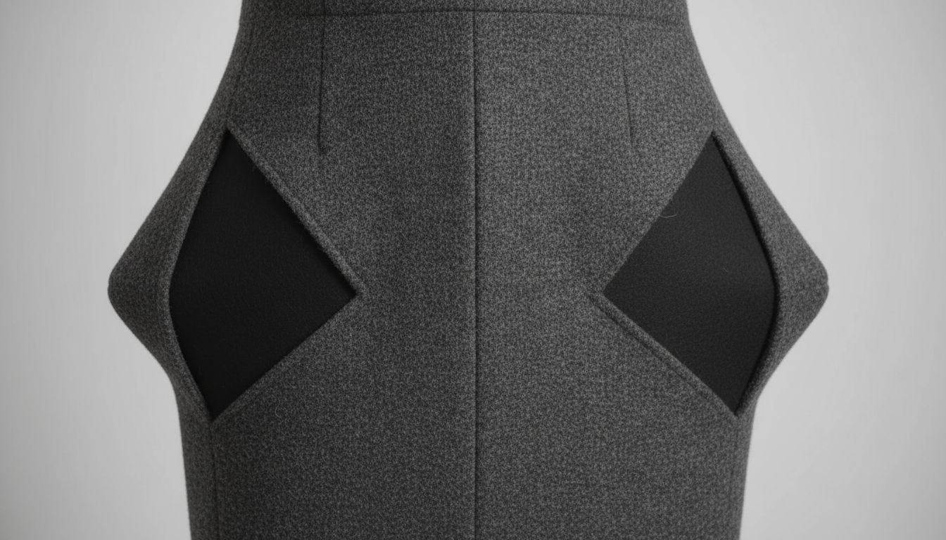 Крупный план на архитектурный шов и жесткие вставки, формирующие набедренный объем на плотной шерстяной ткани.