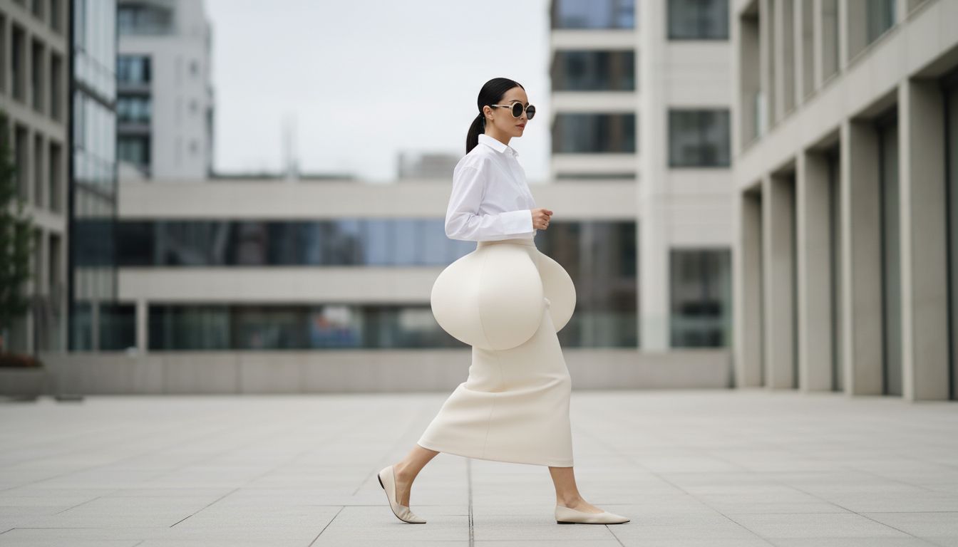 Общий план на модель в движении, демонстрирующий, как жесткий набедренный объем сохраняет форму при ходьбе.