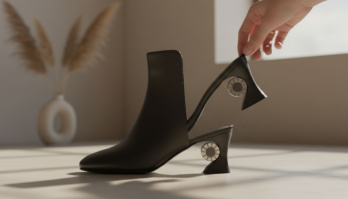 Процесс отсоединения скульптурного каблука от ботильона, демонстрирующий скрытый магнитный механизм.