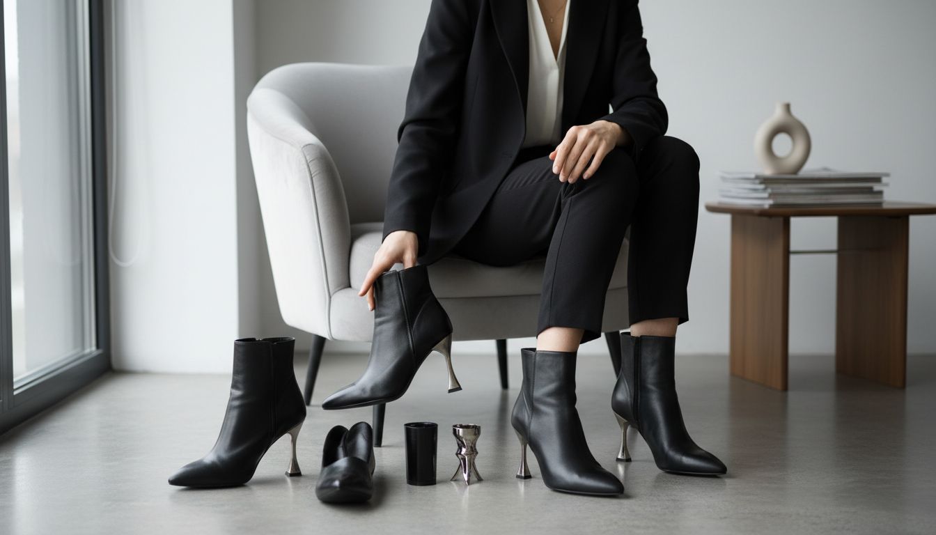 Женщина в строгом монохромном образе, демонстрирующая сменные каблуки, лежащие рядом с ботильонами.
