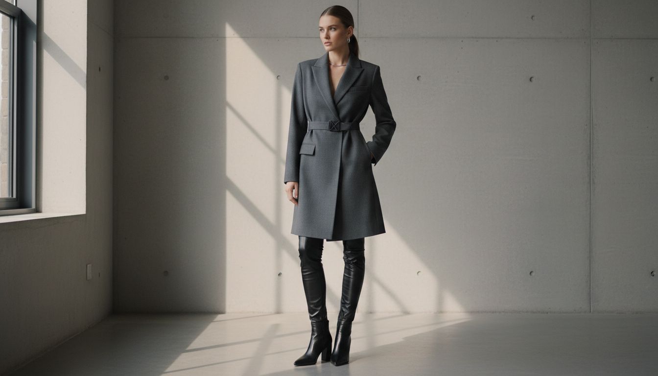 Женщина в длинном сером блейзере, застегнутом черным матовым замком-пряжкой, в сочетании с глянцевыми кожаными леггинсами.