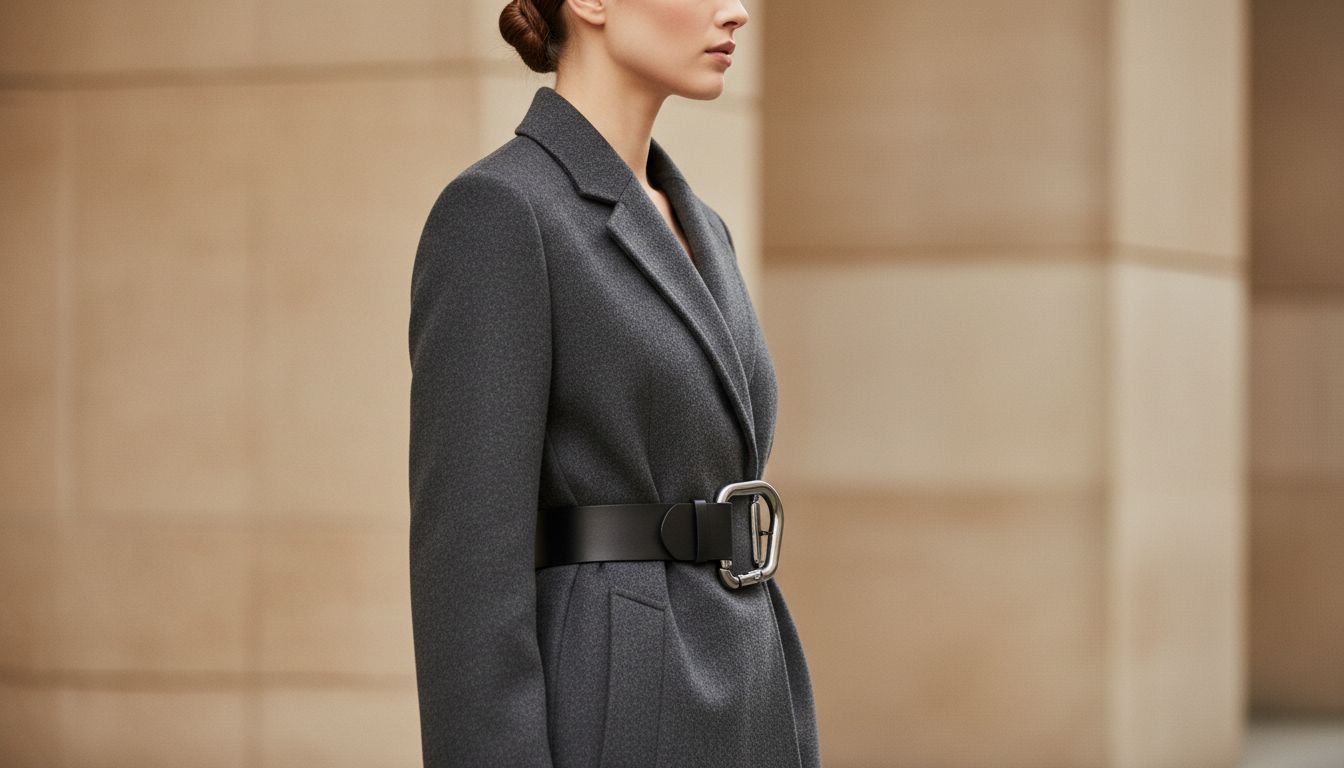 Модель в профиль. Жесткая пряжка-застежка в форме карабина подчеркивает талию поверх длинного шерстяного пальто-блейзера.
