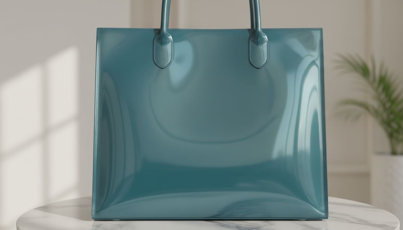 Крупный план жесткой глянцевой кожи сумки-тоут в цвете Технический Циан, демонстрирующий отражающую поверхность.
