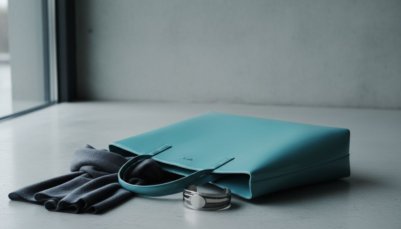 Стилизованный натюрморт: глянцевая тоут-сумка MDT Циан лежит рядом с антрацитовым кашемировым шарфом и металлическим браслетом-броней.