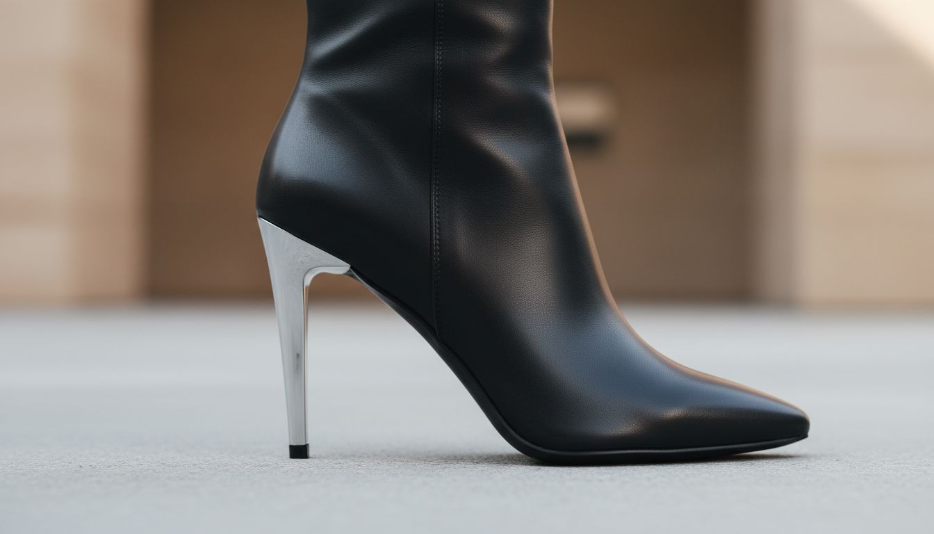 Крупный план ботильона, демонстрирующий идеальную гладкость и тонкость хромированного каблука-лезвия.