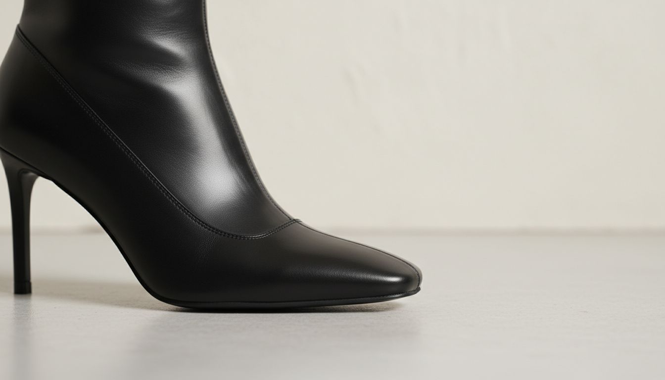Детализированный снимок носка ботильона, где виден четкий квадратный мыс и начало тонкого каблука.