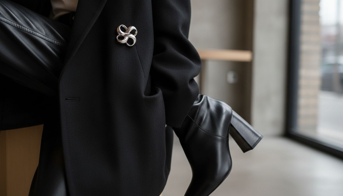 Стилизованный образ: Булавка-брошь на черном оверсайз-блейзере, сочетающемся с глянцевыми кожаными брюками и ботильонами с архитектурным каблуком.