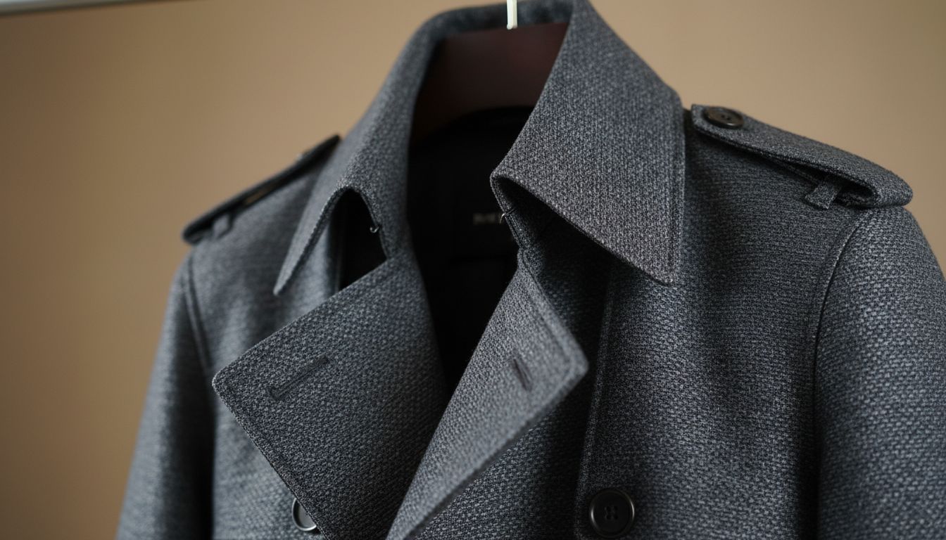 Крупный план воротника и лацканов тренча-брони, демонстрирующий, как жесткий материал держит форму и складку.