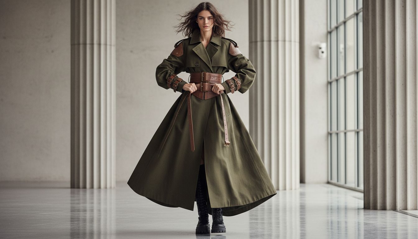 Модель затягивает широкий пояс тренча-брони, демонстрируя контраст между объемом плаща и зафиксированной талией.
